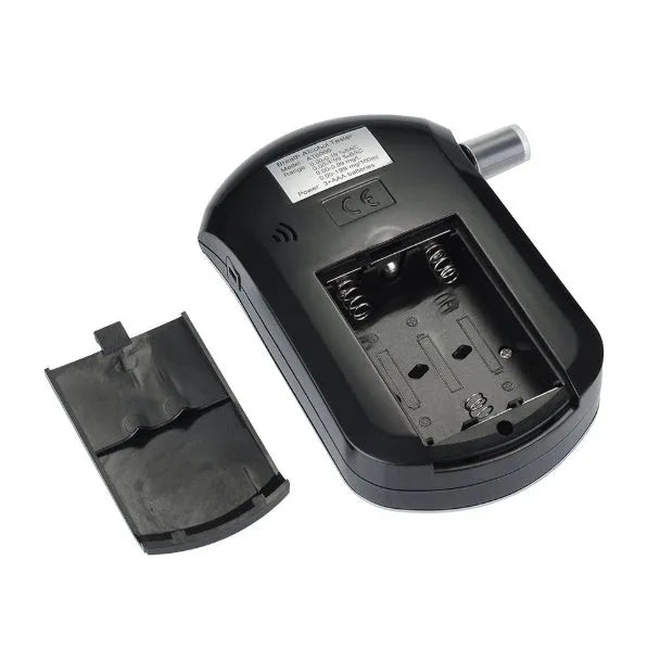 Black handheld alcohol breath tester with digital LCD screen and disposable mouthpiece