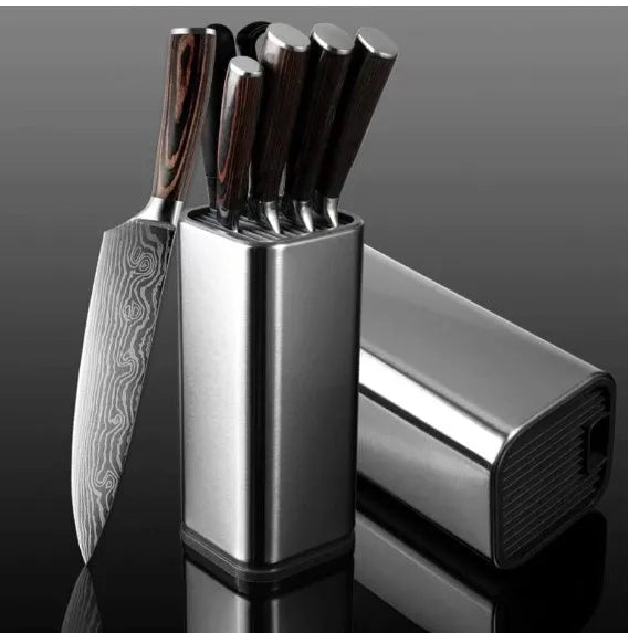 Stainless steel kitchen knife holder with a white polypropylene storage bucket and detachable base