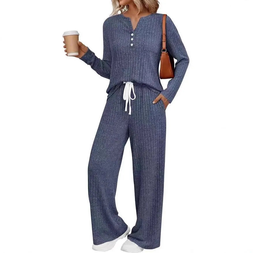 V-neck striped knit long coat with pockets and matching pants in light gray, six colour options