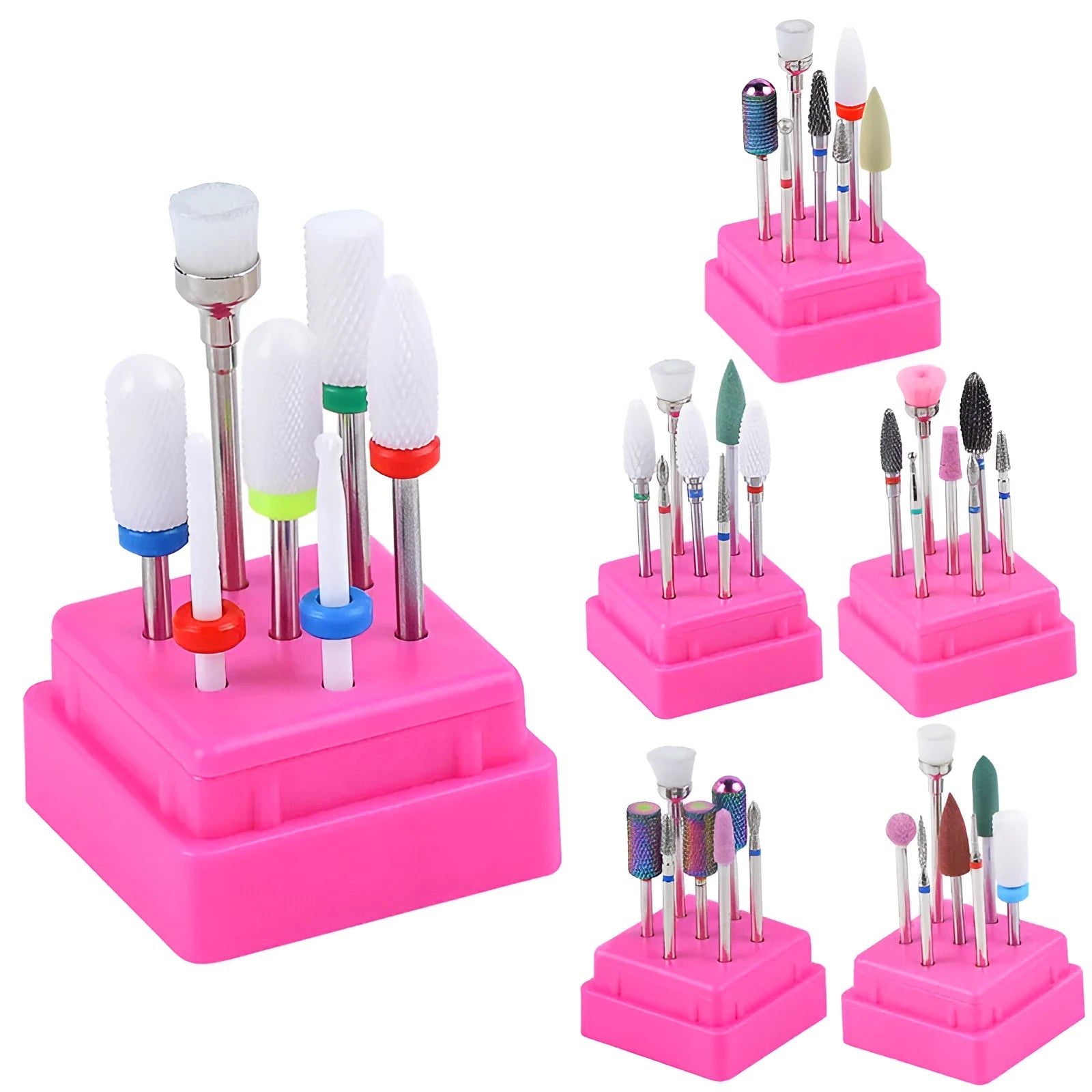 Seven tungsten steel nail drill bits arranged next to a brush inside a transparent case