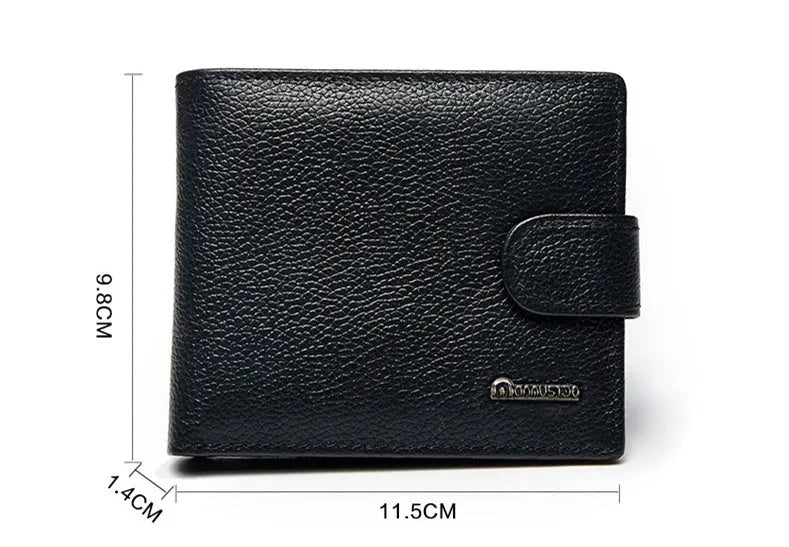 Black PU leather bifold wallet with buckle closure, showing card slots and zipper compartment