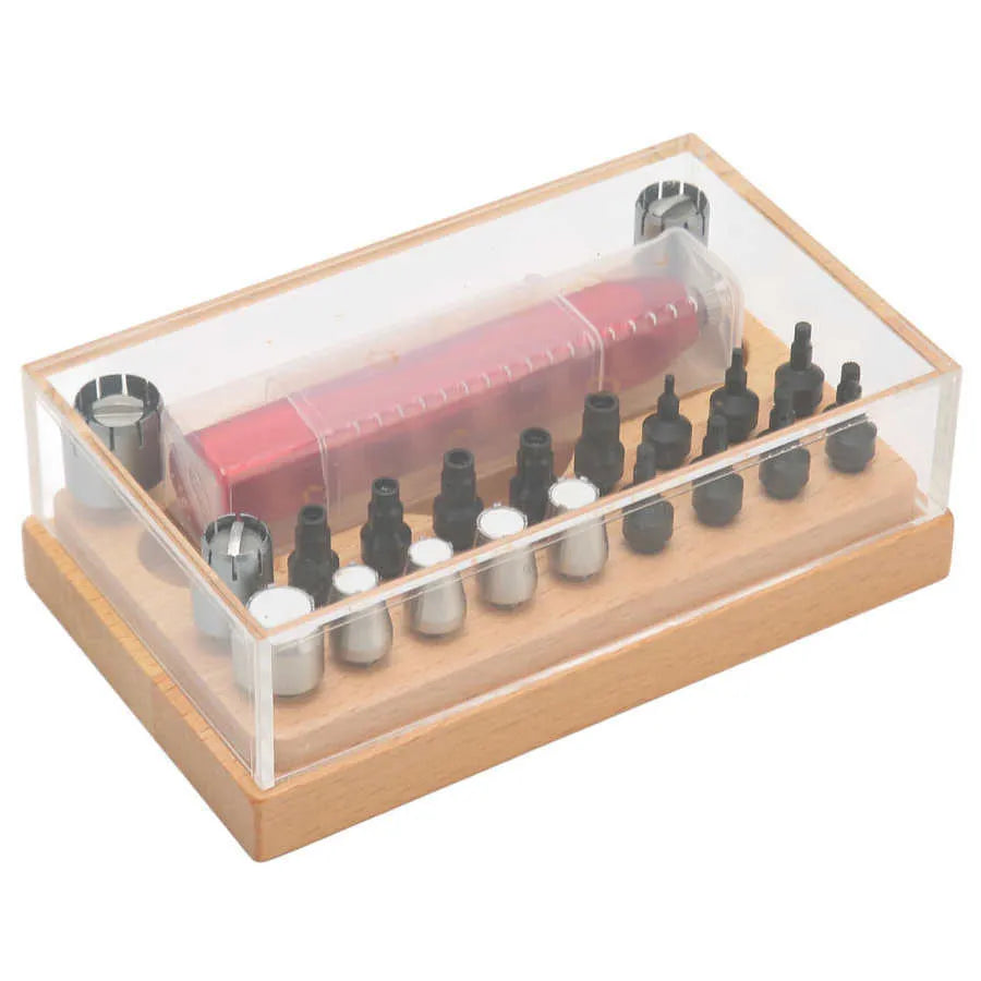Open case showing steel watch repair tools including barrel opener, punch pliers, and 20 screwdriver bits.
