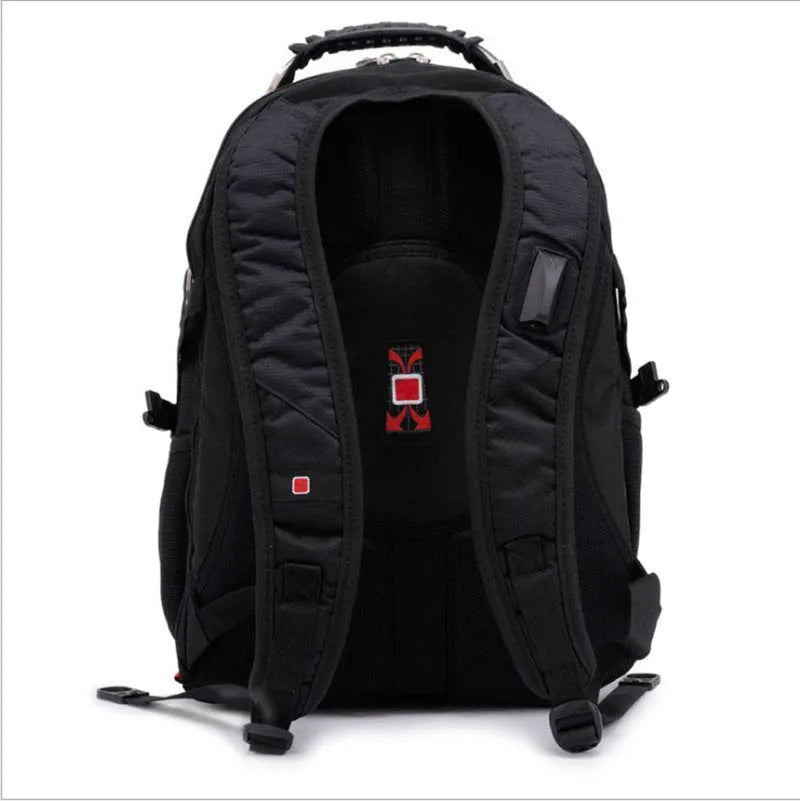 Black business backpack open to show three internal compartments and laptop sleeve