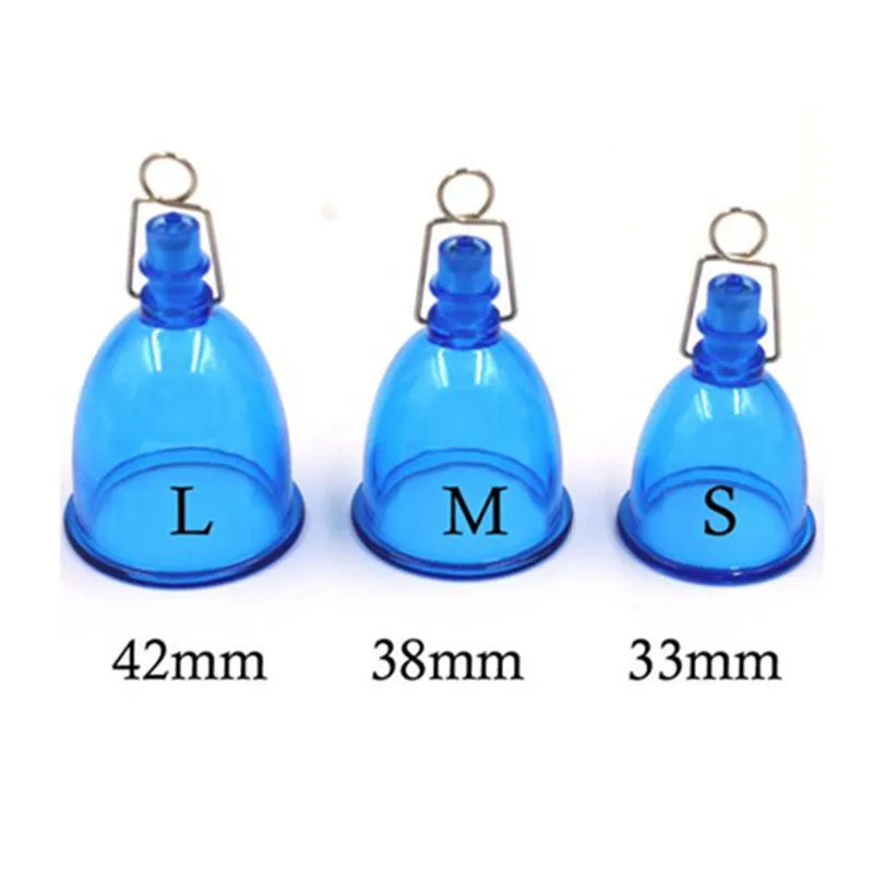 Blue silicone men's physical stretch exerciser cup showing three size options S, M, L