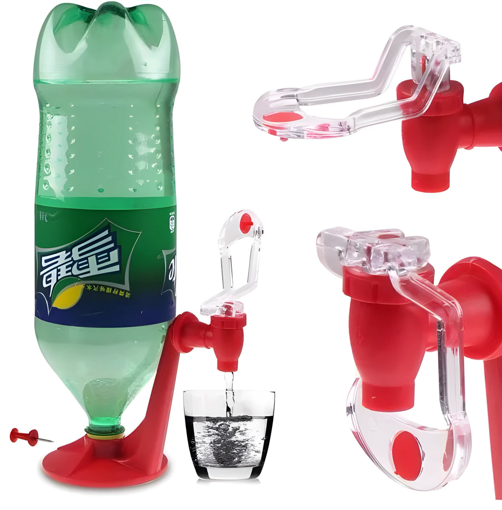 Red Magic Tap soda bottle dispenser attached to inverted 2 litre bottle with push-button mechanism