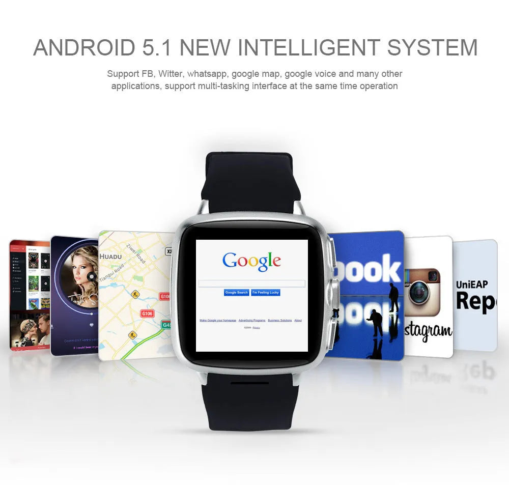 Android smart watch with touchscreen display showing interface, available in black and white colours