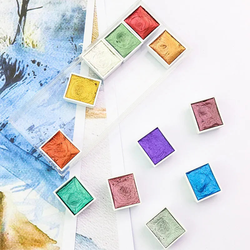 Boxed pearlescent solid watercolor pigment set with 6 or 12 colour blocks in Gem finish, each 17mm x 20mm x 10mm