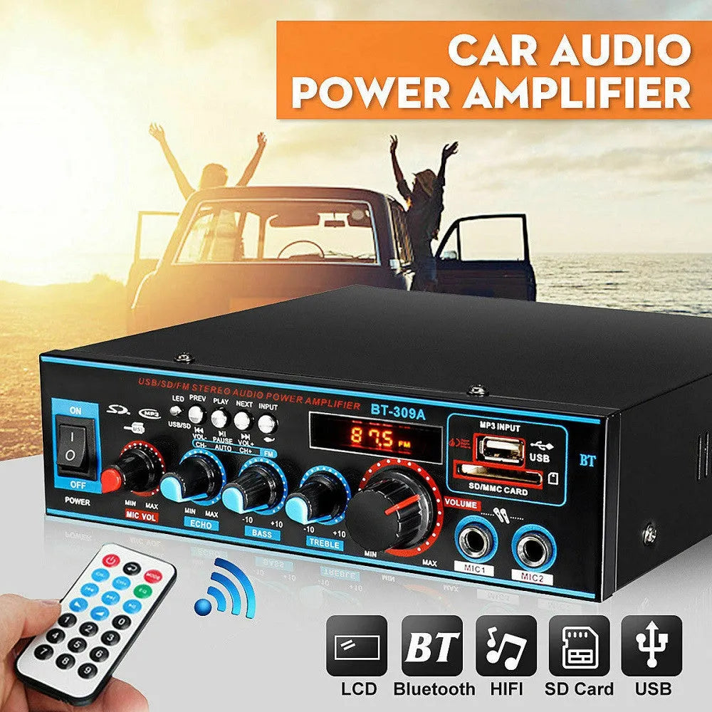 Black iron Bluetooth power amplifier with recording function and remote control for home and car audio
