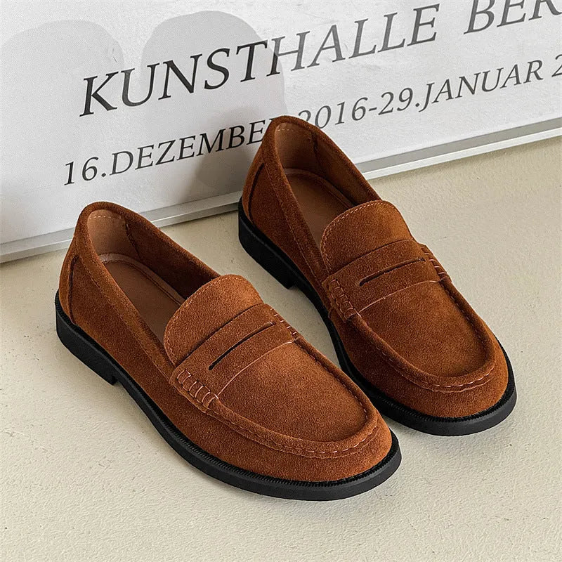 Men's unisex slip-on retro business casual shoes in black, beige, apricot, and brown microfiber with rubber sole
