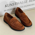 Men's unisex slip-on retro business casual shoes in black, beige, apricot, and brown microfiber with rubber sole