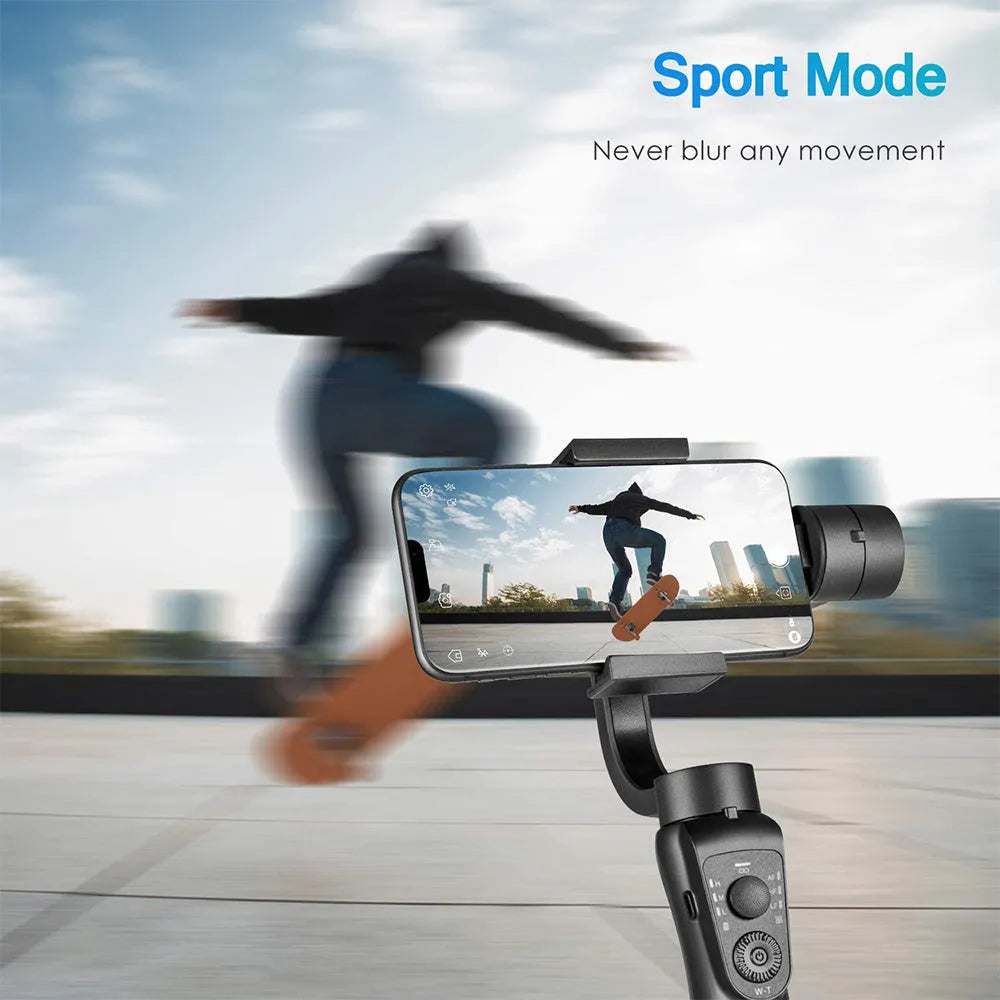 Black three-axis handheld gimbal stabiliser for mobile phones with tripod and hard case.