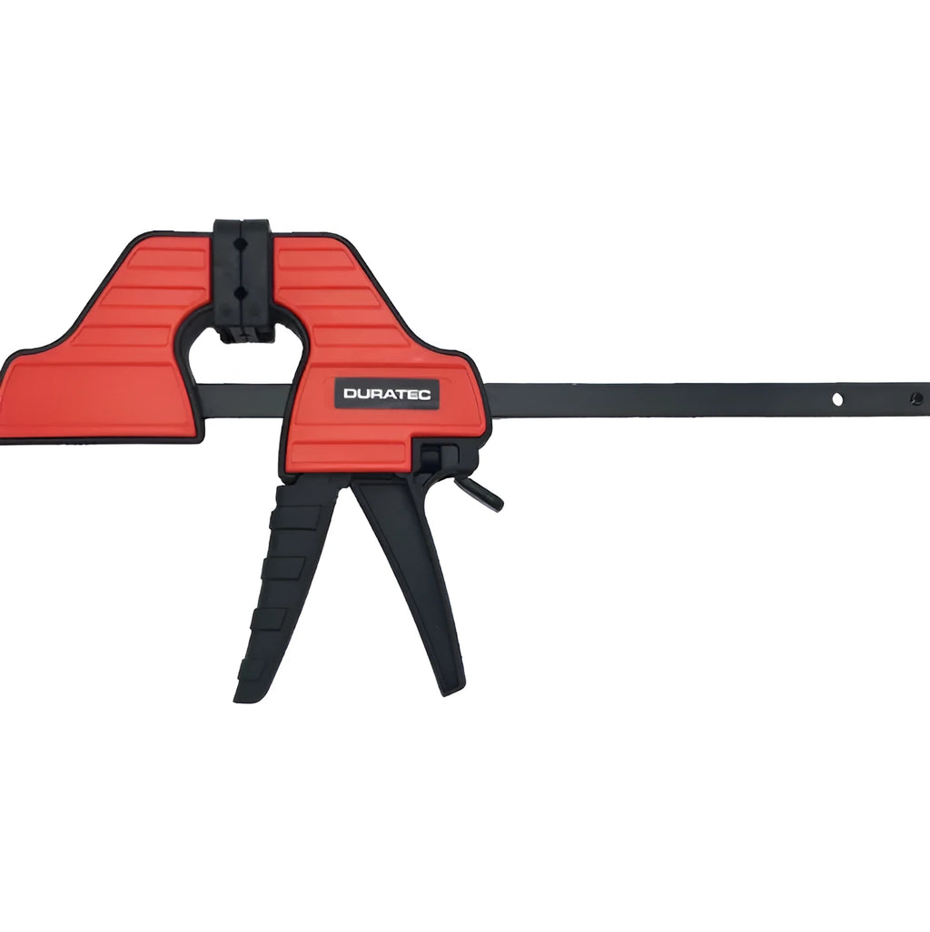 Black plastic woodworking clamp with soft rubber grip and quick regression key, available in multiple sizes