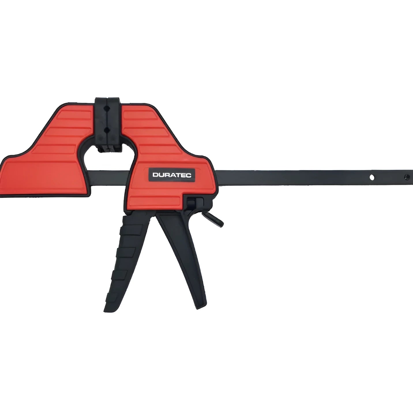 Black plastic woodworking clamp with soft rubber grip and quick regression key, available in multiple sizes