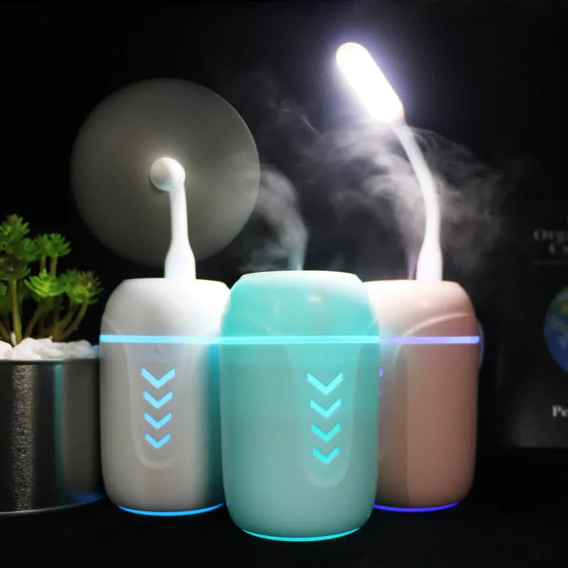 X3 portable car humidifier aromatherapy diffuser in blue, pink, or white with USB cable