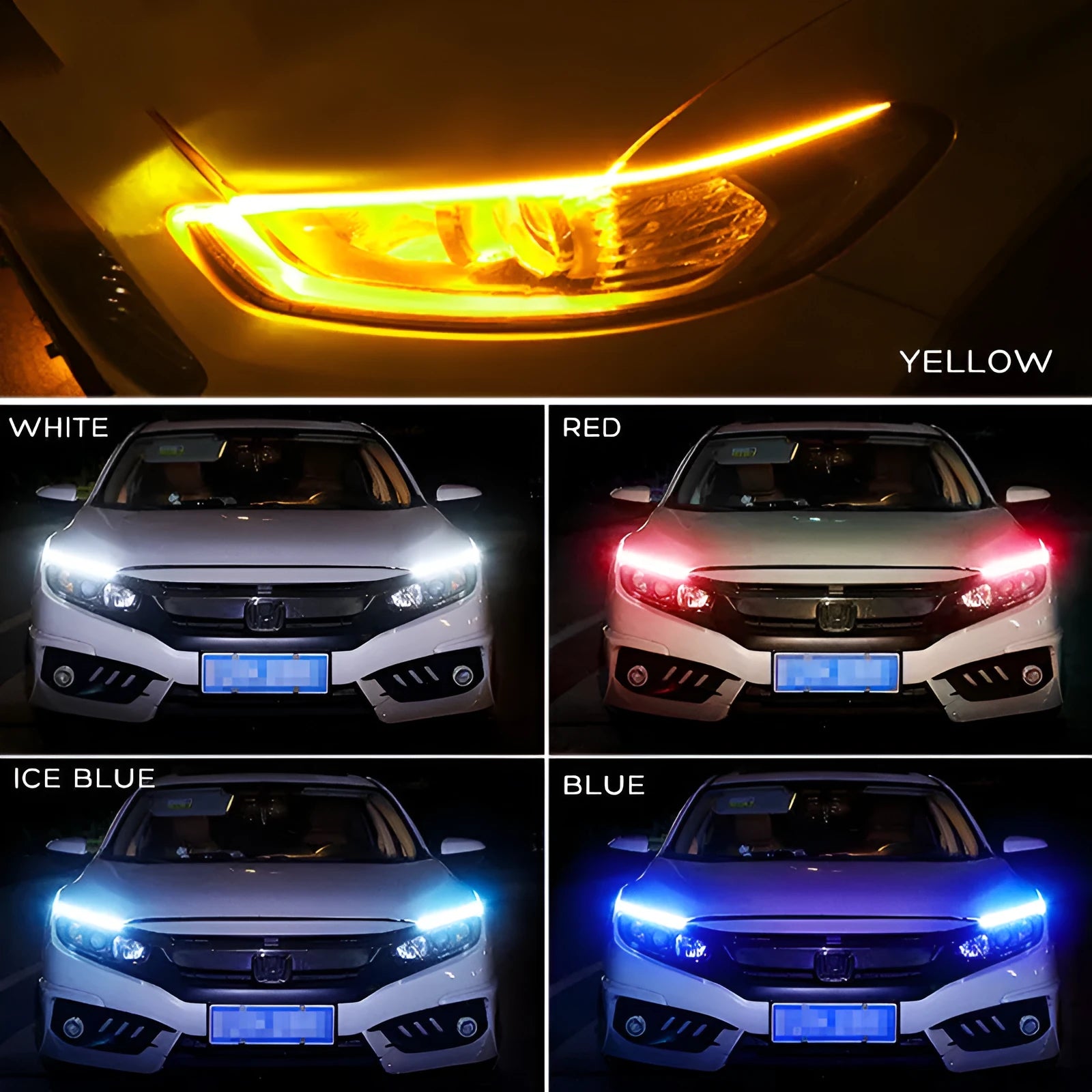 Silicone car LED daytime running light strip with wires, showing flowing turn signal effect.