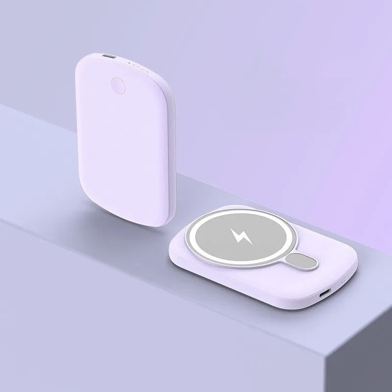 Magsafe magnetic wireless power bank in black, pink, white, or purple with creative plastic design.