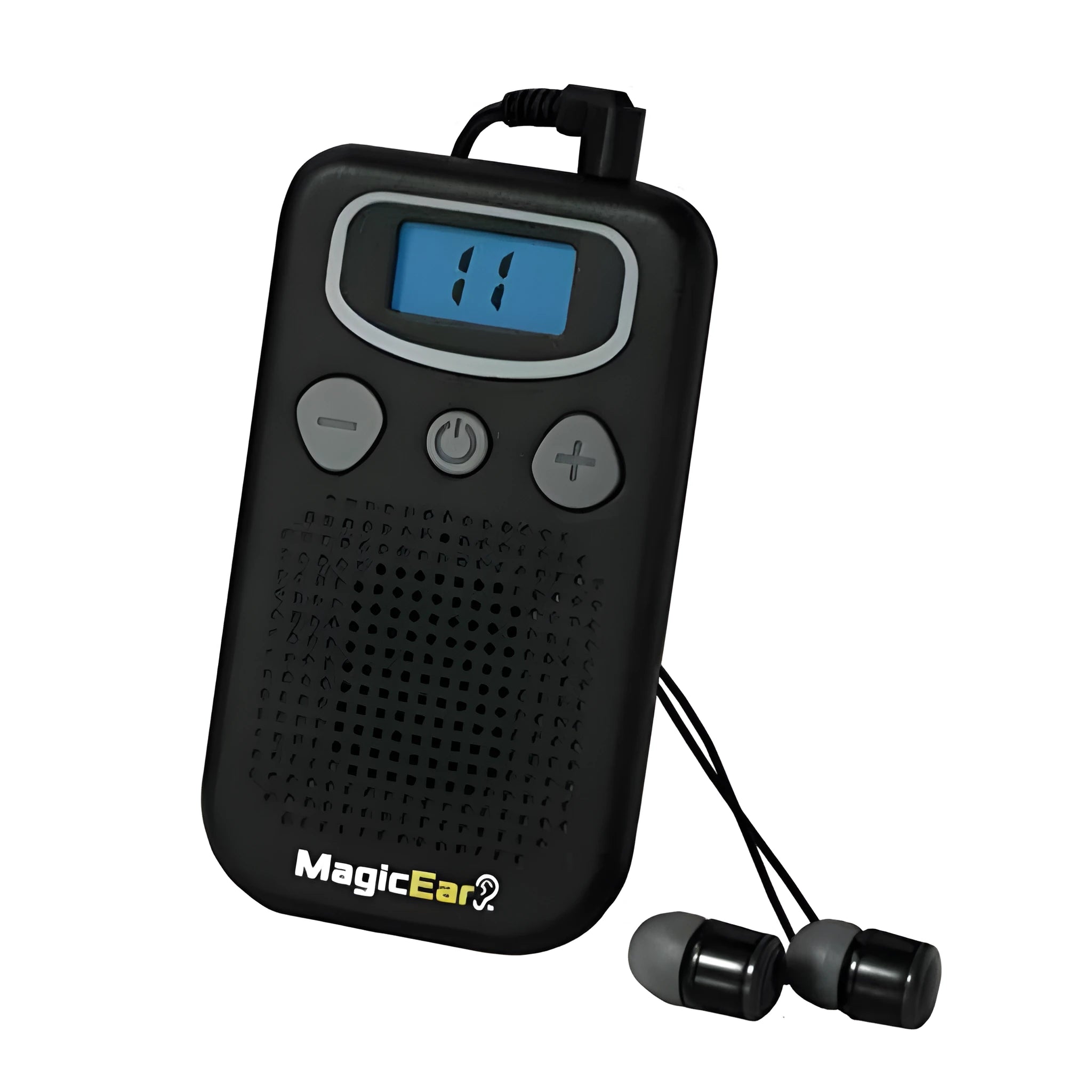 Digital display personal voice enhancer hearing aid booster in brilliant colour with handheld FM radio design