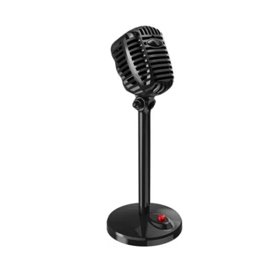 Black USB computer microphone with adjustable stand on desk for recording