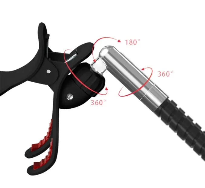 Black mobile phone bracket mounted on bed frame holding smartphone for comfortable viewing