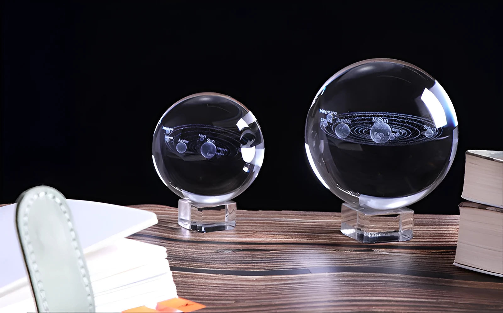 K9 crystal solar system ball with planets etched inside on a crystal base, 80mm diameter