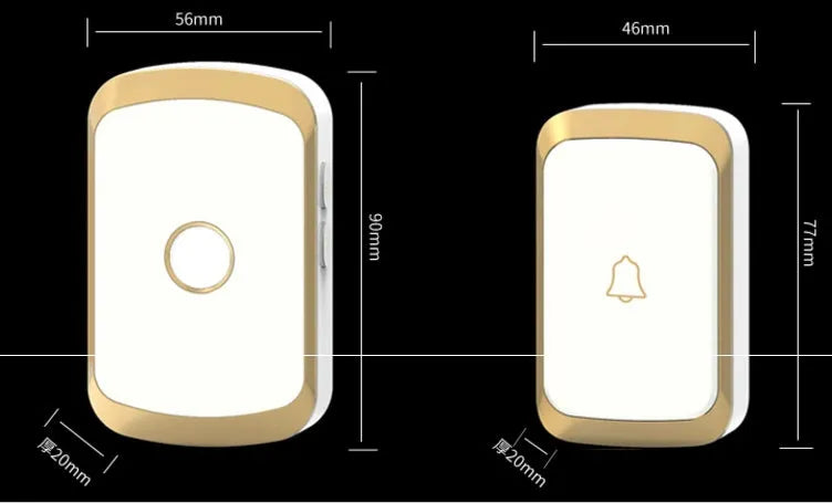 Wireless doorbell kit with plug-in receiver and battery-powered transmitter showing 300m range and 36 melody options