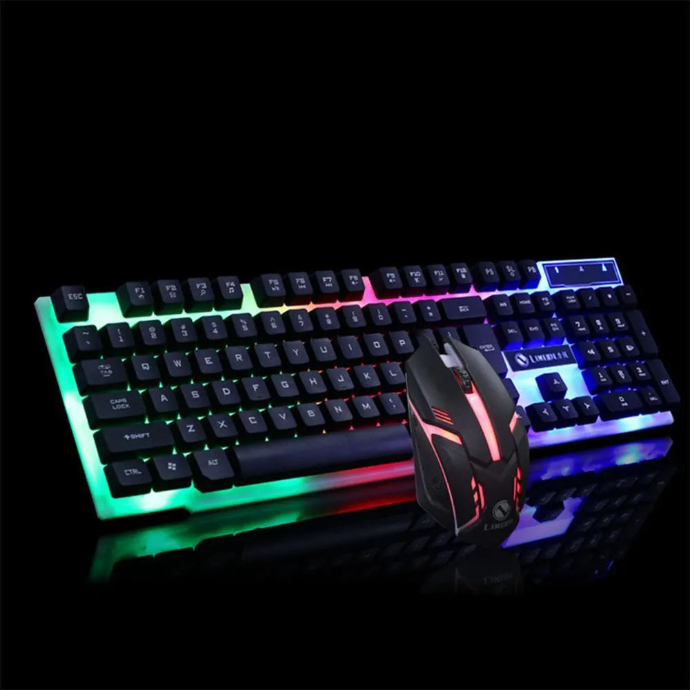 GTX300 wired USB gaming keyboard and mouse set with colour backlit keys in black on a desk.