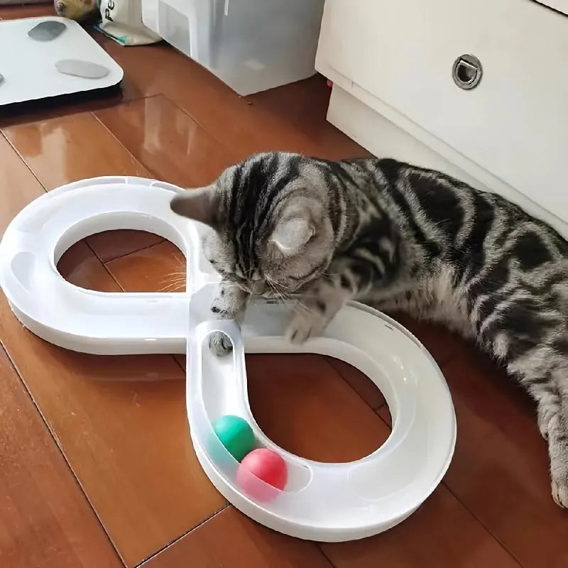 Blue and white plastic cat toy turntable track with a ball and a separate teasing stick.