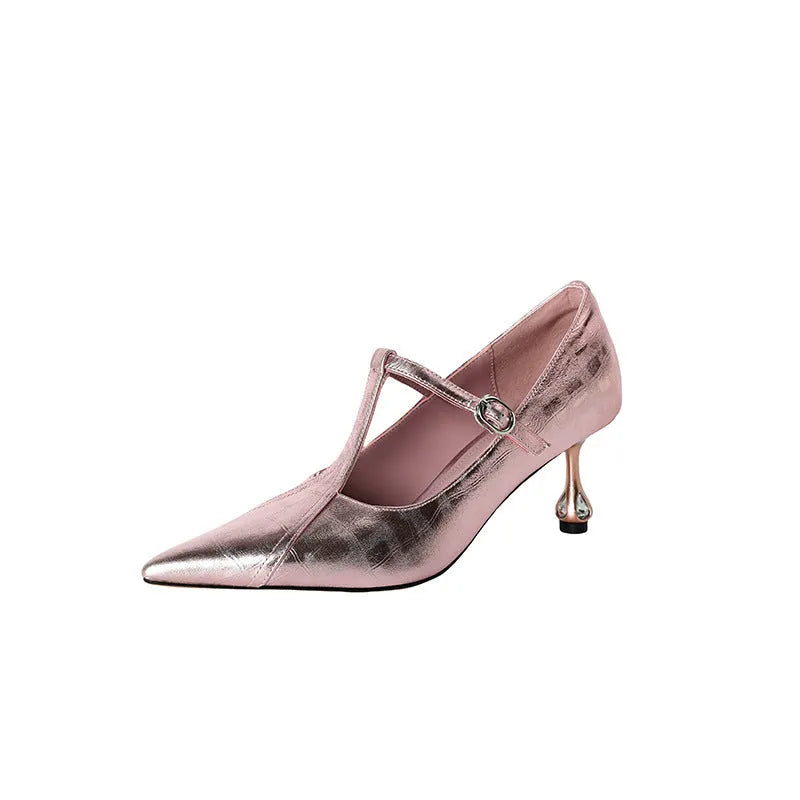 Genuine leather women's high heels with chunky mid heel and pointed toe design in gun colour