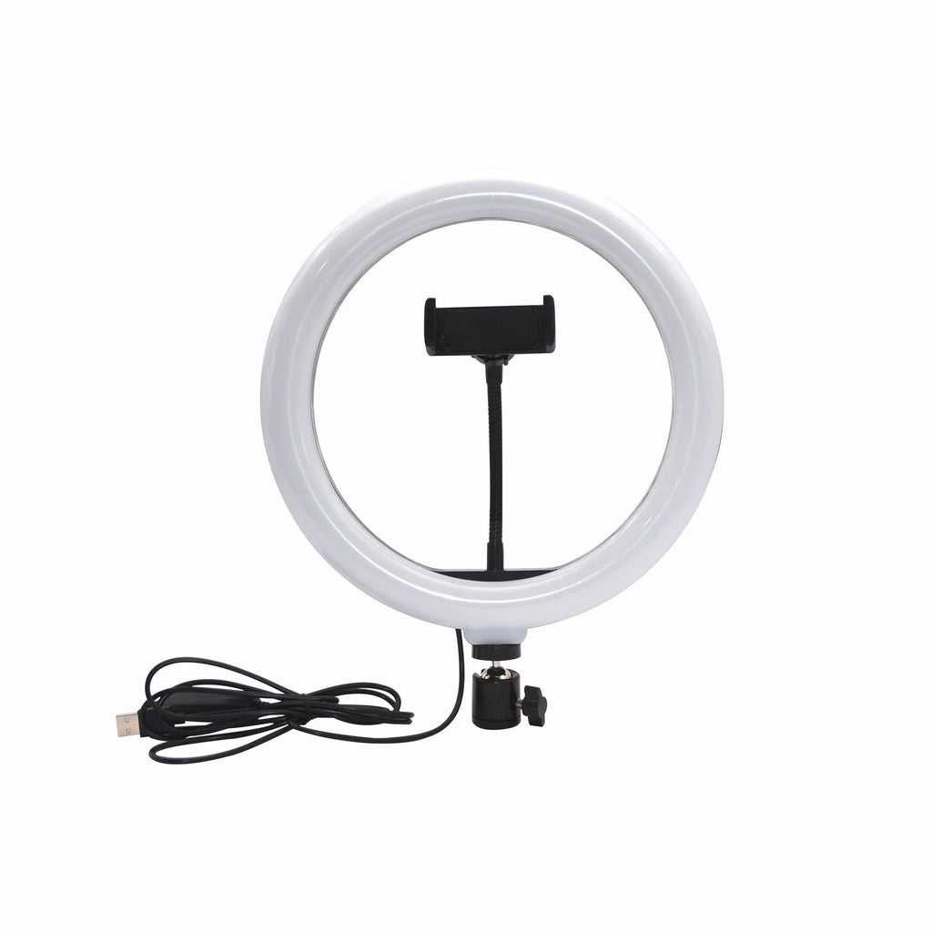 White metal desktop bracket fill light with 10 inch 26cm arc, Bluetooth remote control, and desktop tripod for mobile phone use