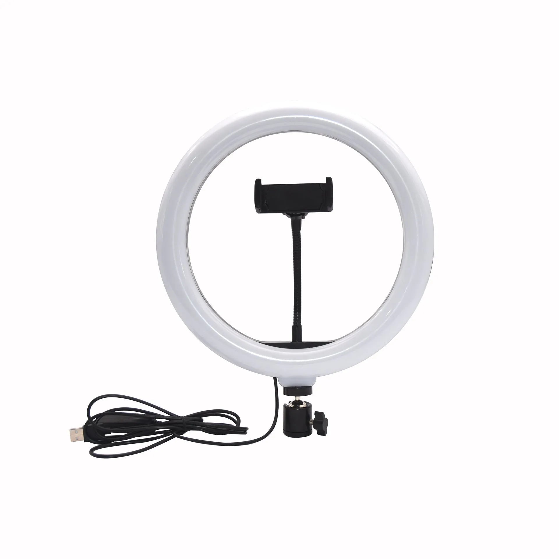 White metal desktop bracket fill light with 10 inch 26cm arc, Bluetooth remote control, and desktop tripod for mobile phone use