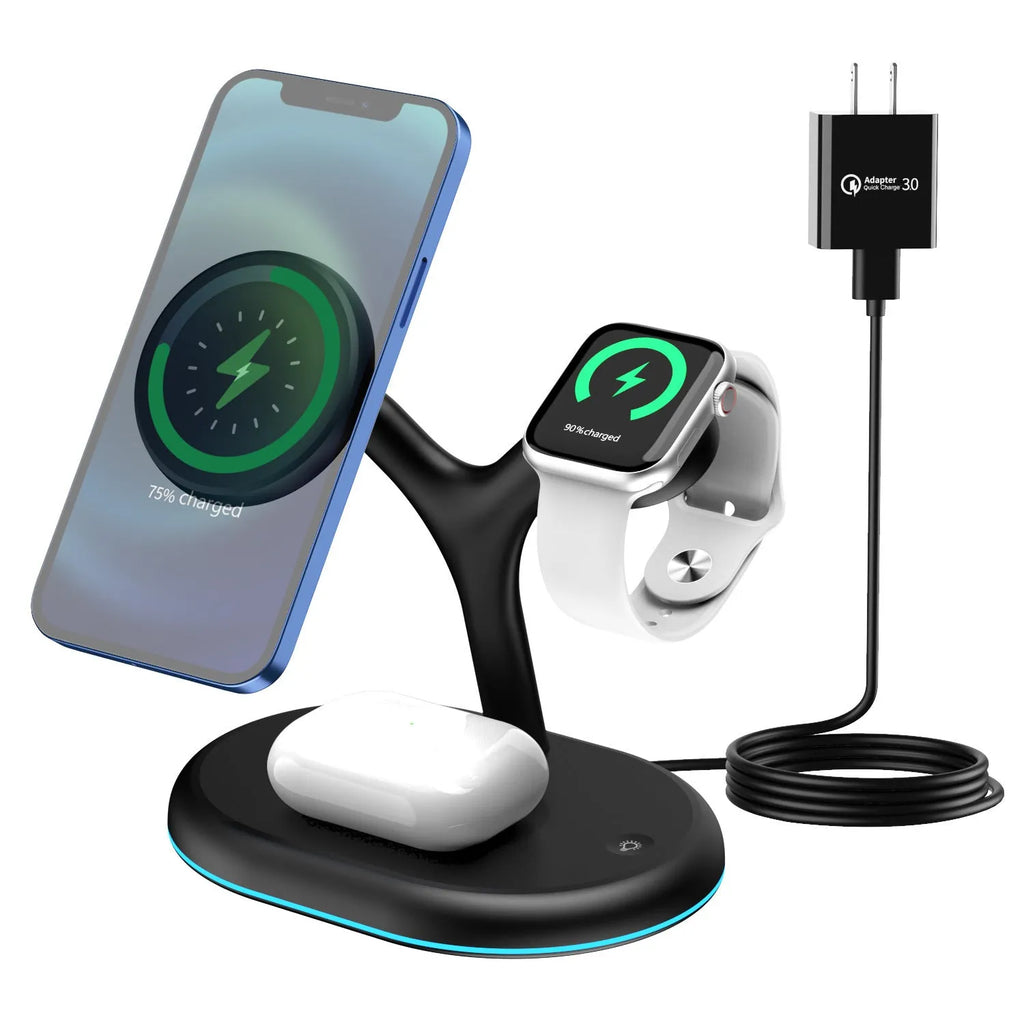 Black magnetic wireless charger with three-in-one function on a simple background.