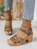 Plus size women's peep toe chunky heel sandals with ankle buckle in black brown and white PU upper