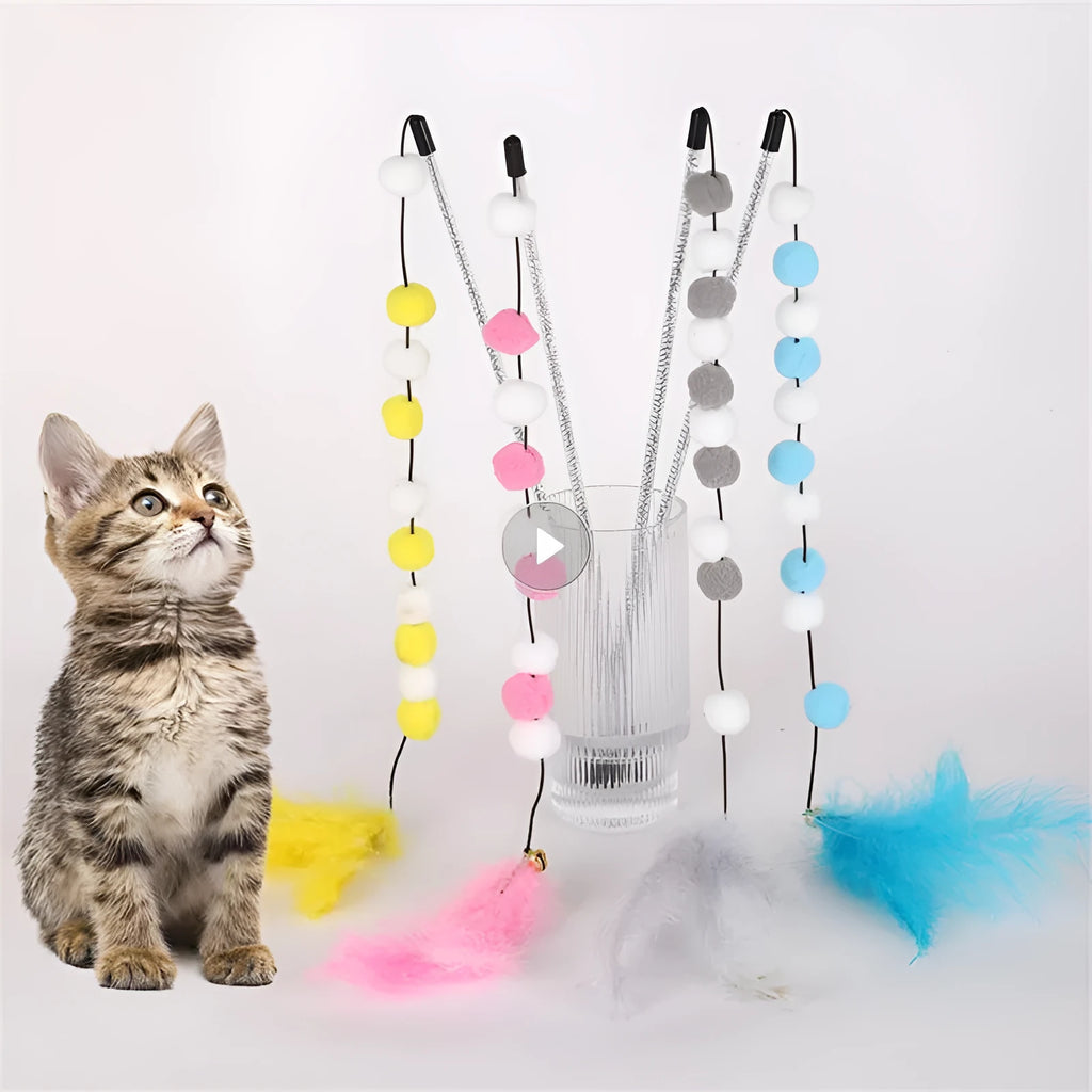 31cm long cat teaser interactive toy rod with colourful feather pompons and bell