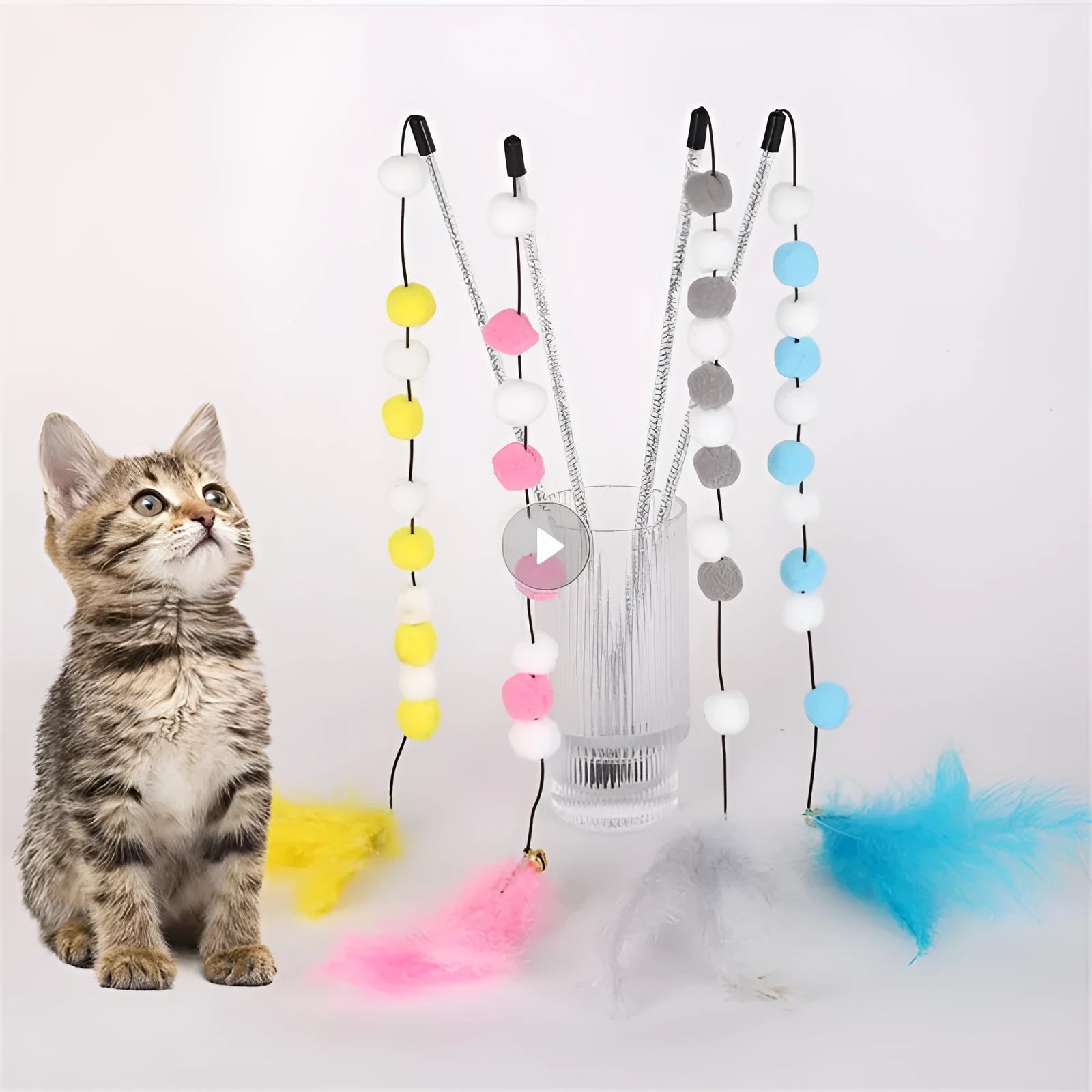31cm long cat teaser interactive toy rod with colourful feather pompons and bell