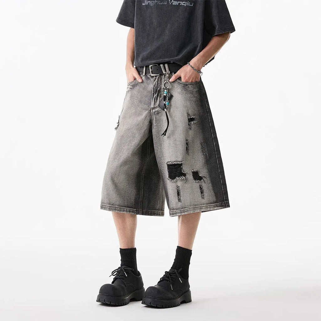 Gray high street water washed hole denim shorts for women retro loose fit cropped cotton summer shorts