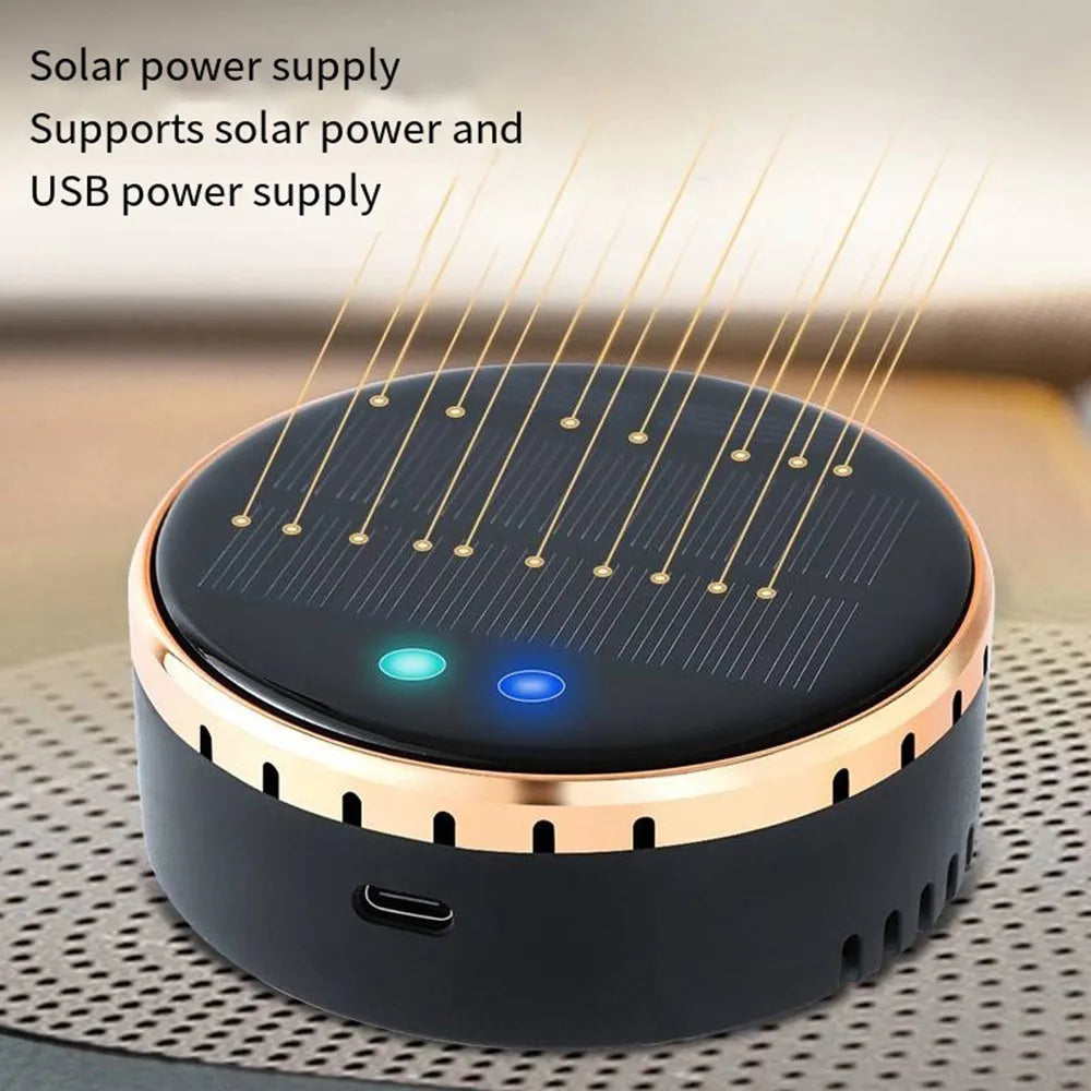 Black solar-powered car air humidifier mounted on a vehicle's air conditioning vent.