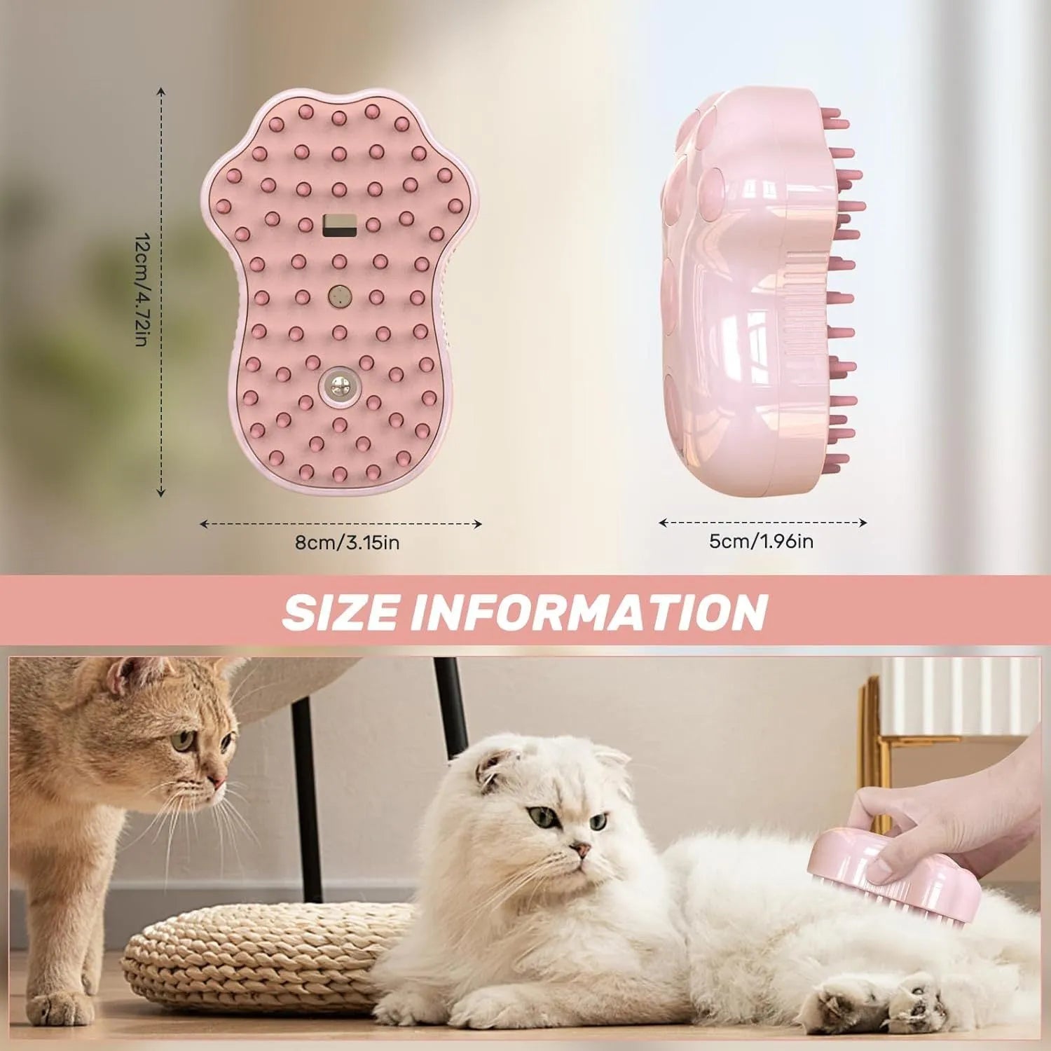 Blue self-cleaning silicone cat steam brush with release button for pet grooming