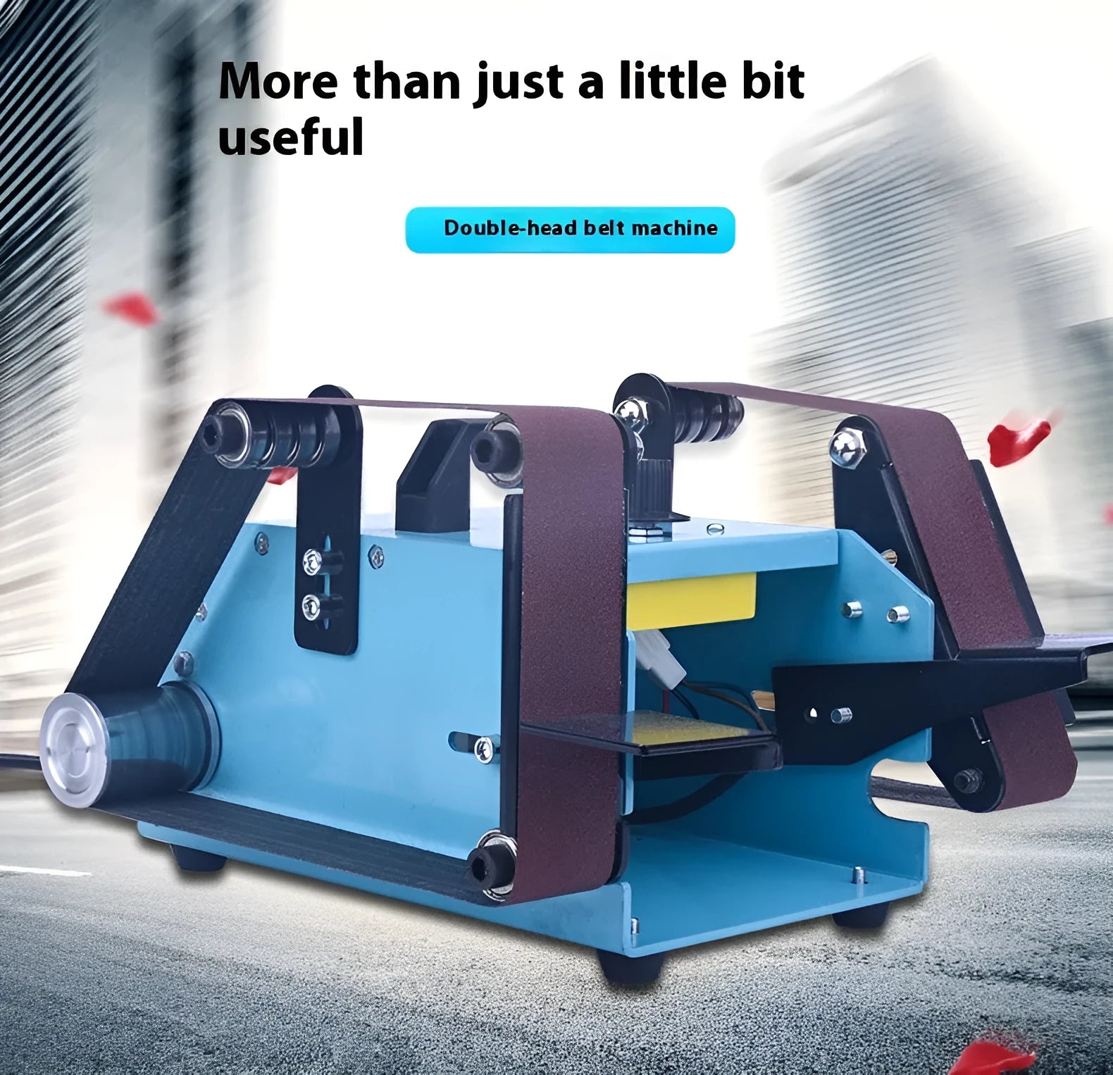 Blue desktop dual-axis belt sander with abrasive belt for sharpening and polishing tasks