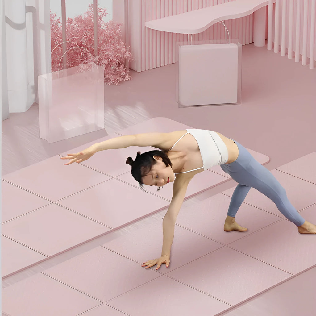 Purple folded and unfolded TPE gymnastic mat showing its 6-fold design and non-slip texture.