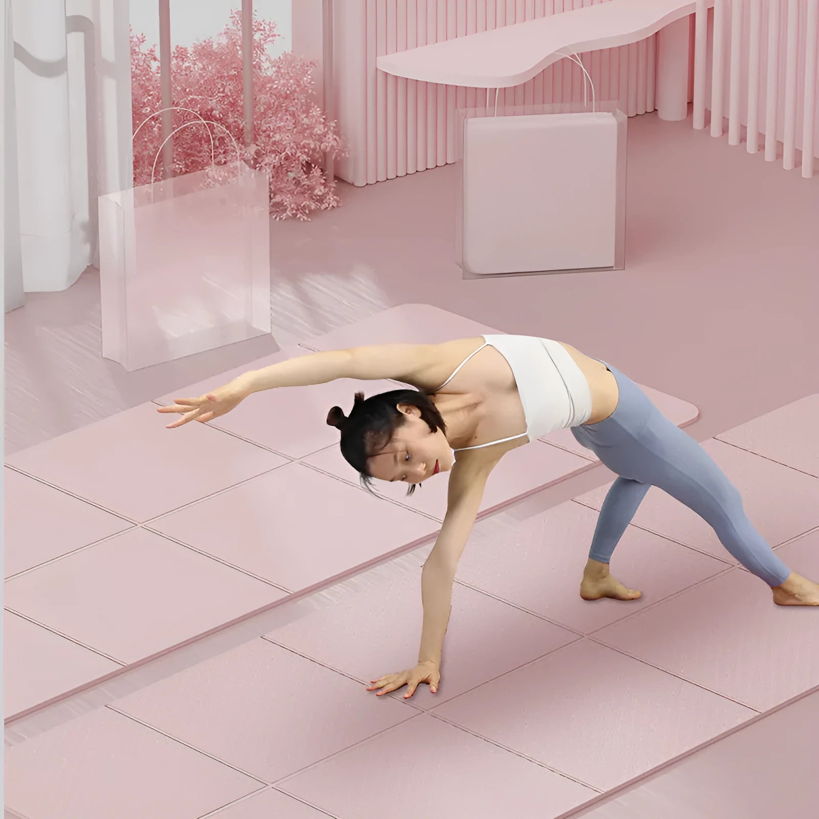Purple folded and unfolded TPE gymnastic mat showing its 6-fold design and non-slip texture.