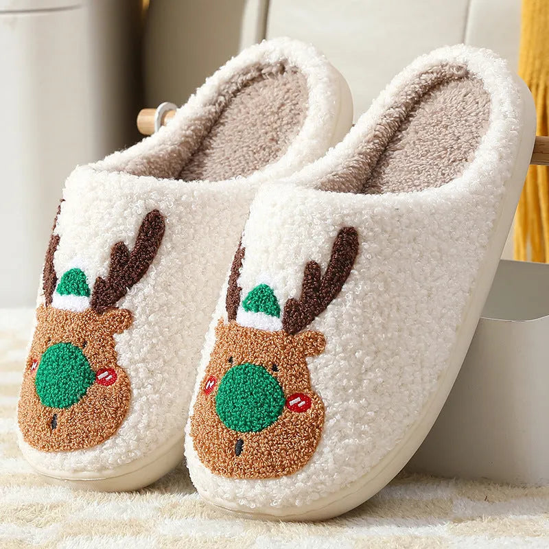 Christmas winter home slippers with elk totem design, plush upper, anti-slip sole, in red and green
