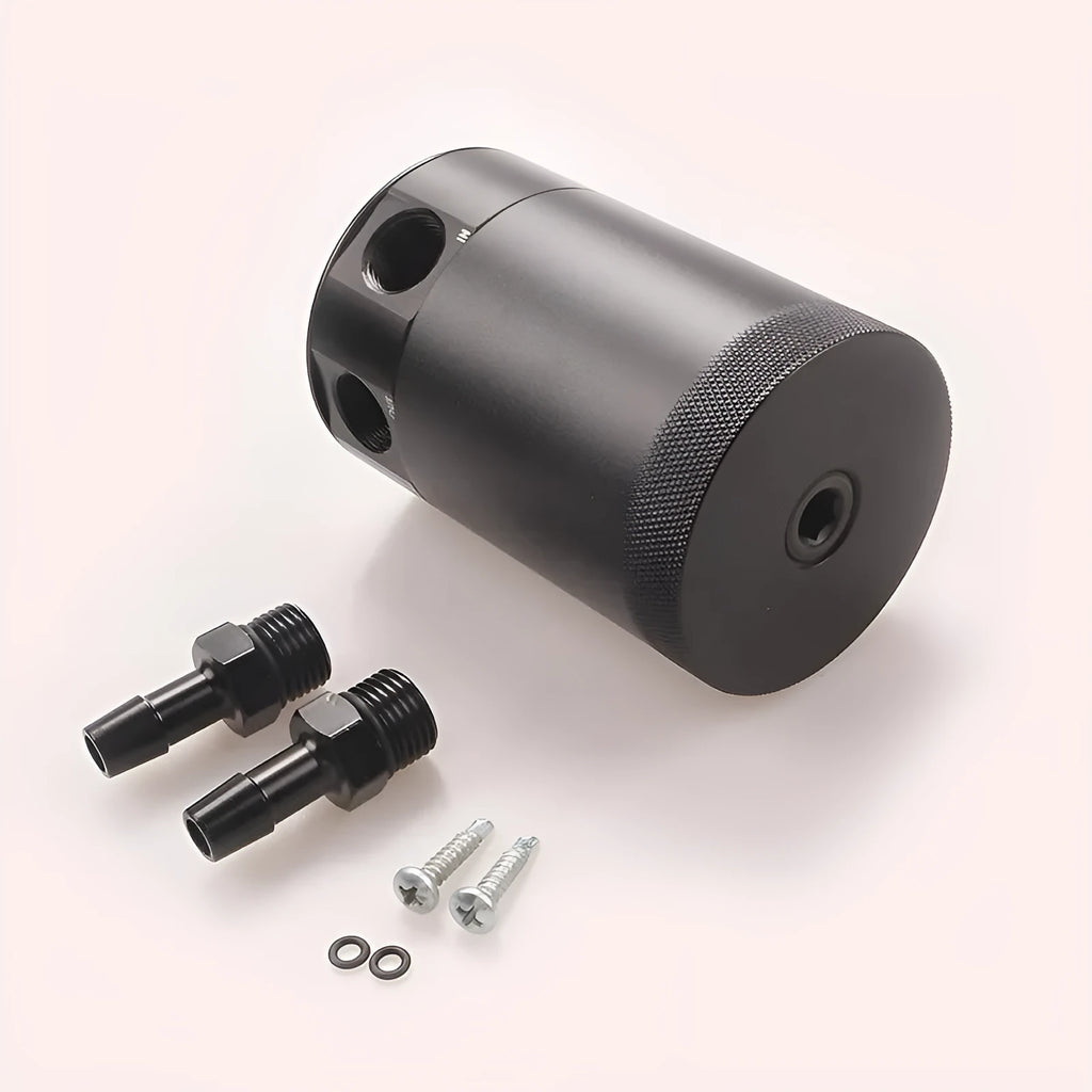 Black and silver aluminium automotive oil pot with two-hole breathable design