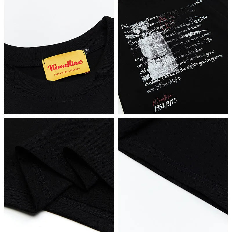 Men's black cotton t-shirt with white letter print and raglan sleeves in loose retro style
