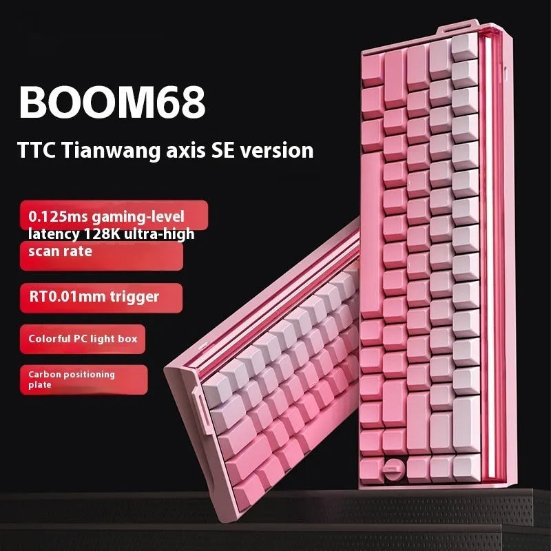 BOOM68 compact mechanical gaming keyboard with RGB lighting on a desk