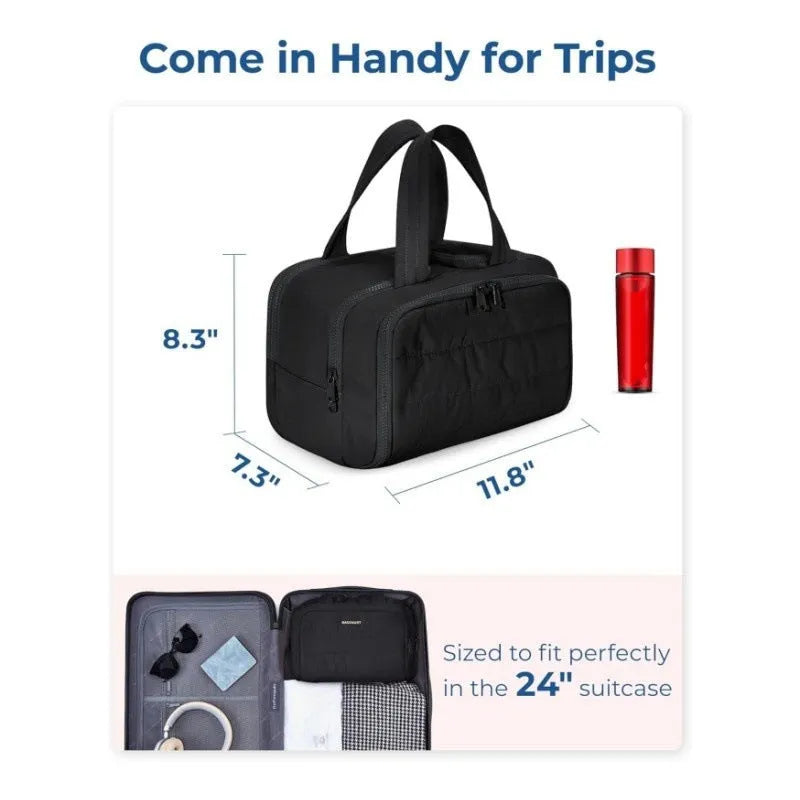 Large open travel toiletry bag in lightweight polyester fabric showing spacious interior
