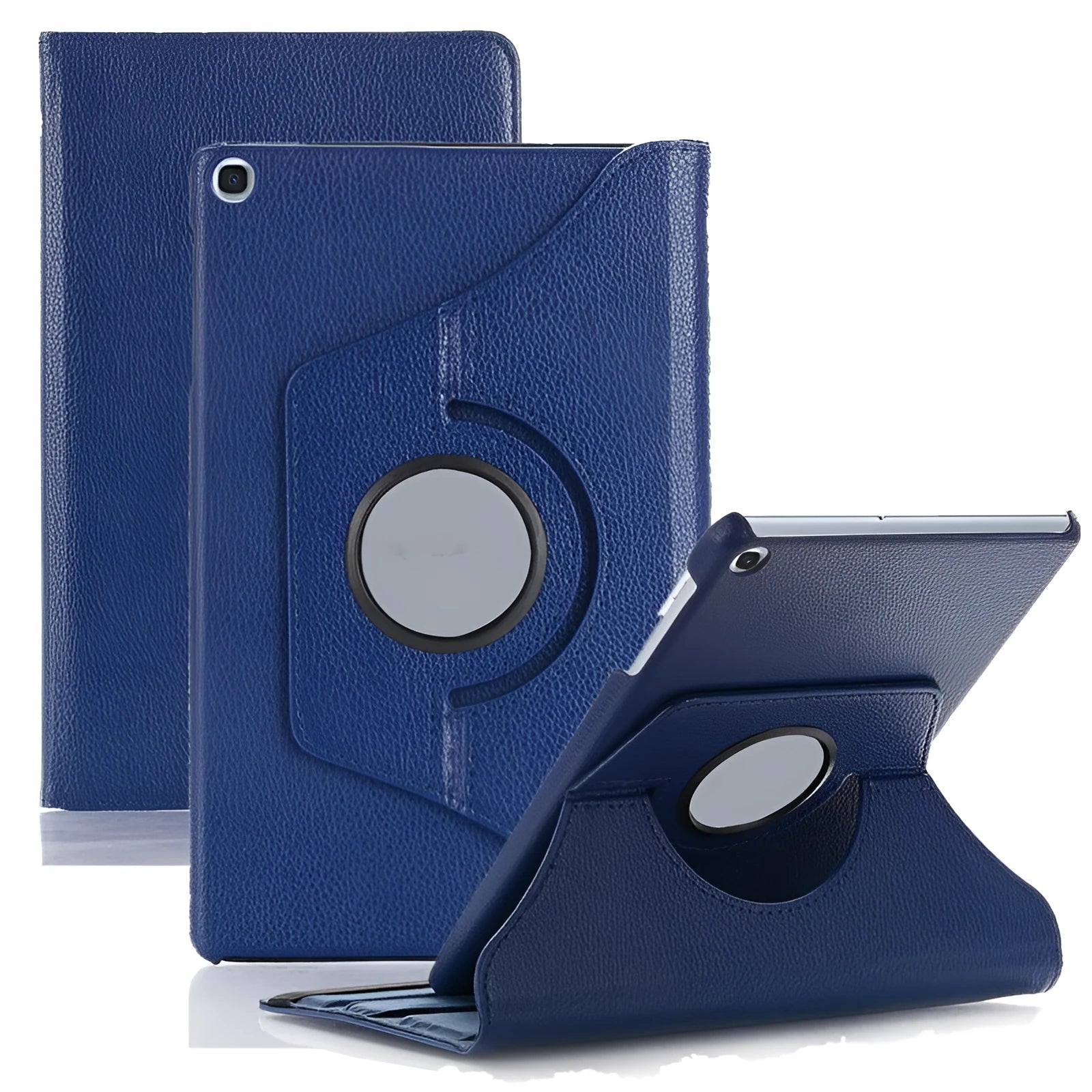 iPad rotating protective sleeve in imitation leather clamshell design showing colour options