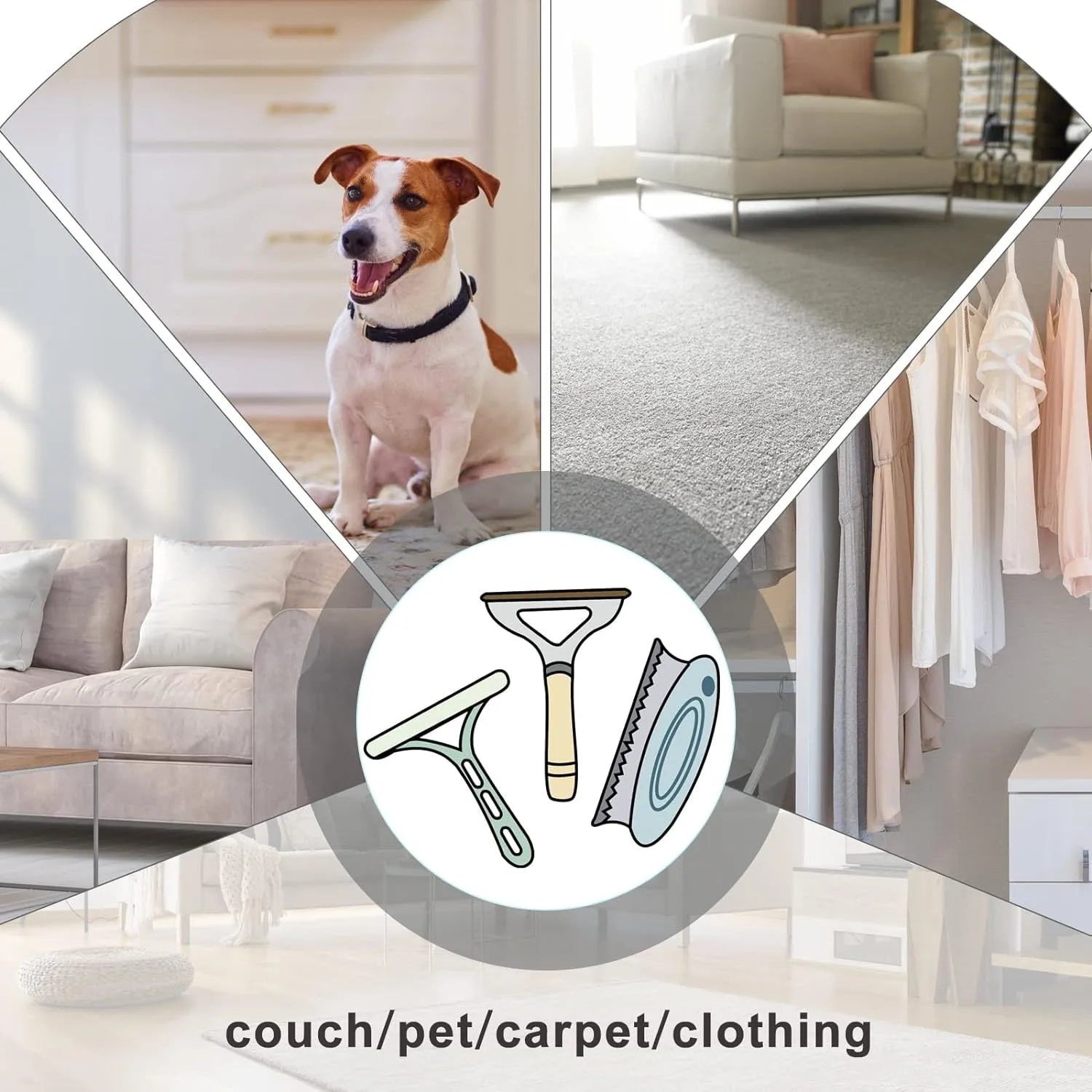 Three pet hair remover tools: metal lint brush, silicone brush, and round scraper for clothes sofa car cleaning