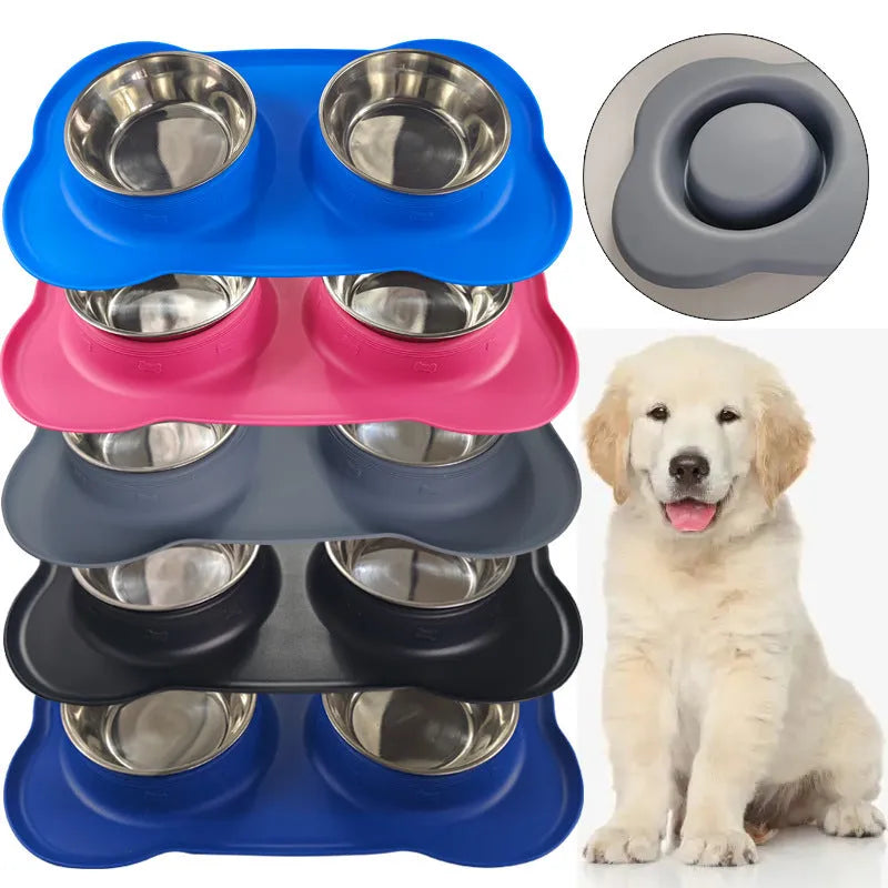 Large silicone double dog bowl with stainless steel food and water compartments in blue colour