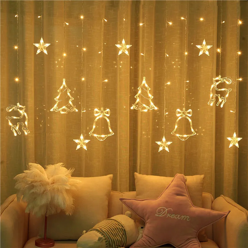 LED Christmas light string with 138 warm white lights, 3.5m length, copper wire, and festive pendants on a dark background