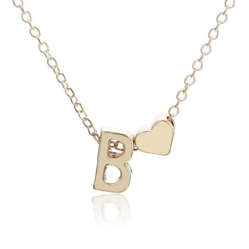Peach heart shaped letter necklace pendant in gold or silver alloy finish